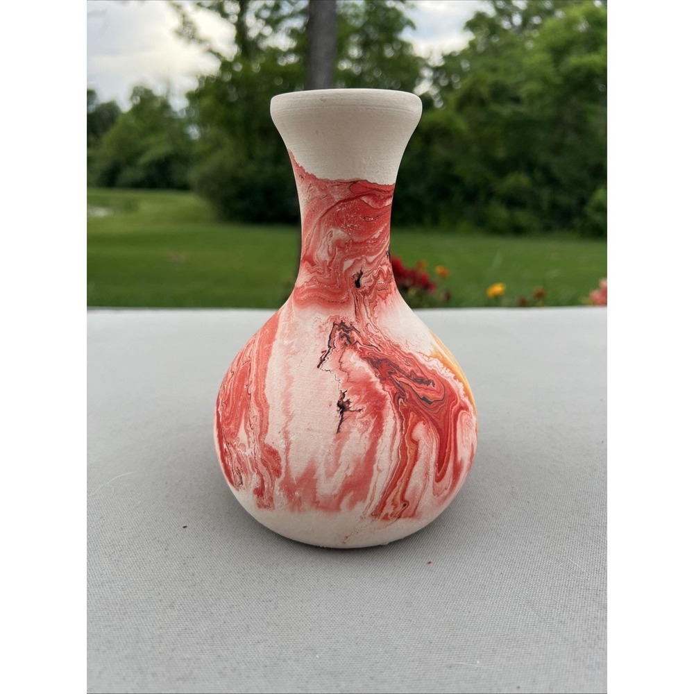 Nemadji Pottery Vase Red White‎ Swirl Marble Art Pottery Vase Shareware Boho Vtg